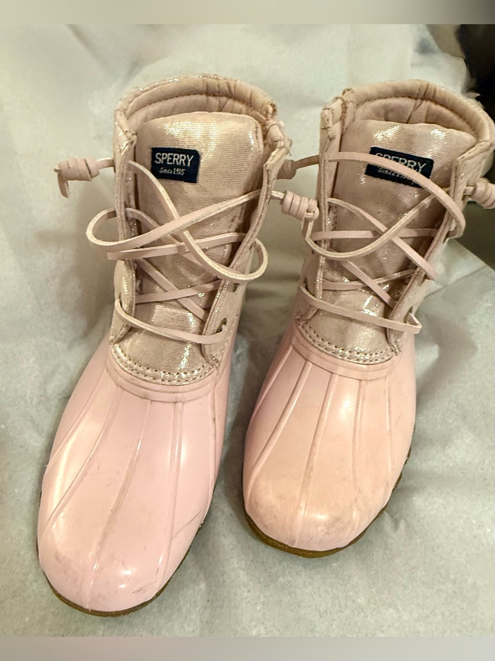 Sperry Saltwater Duck Boots pink rubber duck shell, shimmer metallic blush upper